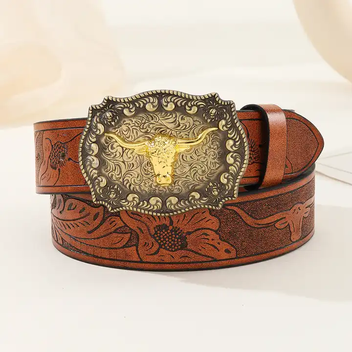 New Fashion Embossed Animal Buckle Belt Flower Engraved PU Leather Belt Customized
