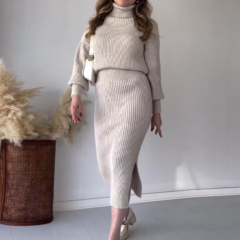 2023 Autumn Customized Thick High Collar Long Sleeve Solid Color Pullover Knitted Slit Skirt Suit Plus Size Women<i></i>'s Sweater