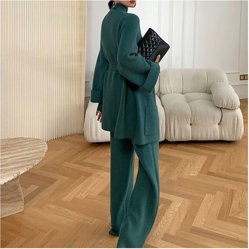 New high-neck pullover knitted cardigan long-sleeved wide-leg pants 3-piece customized set