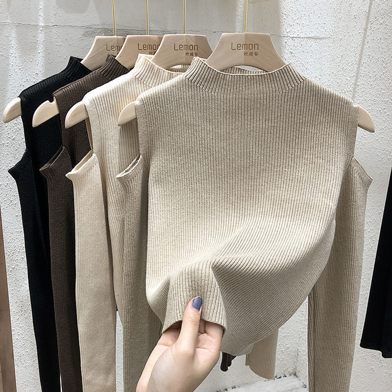 2022 New Fashion Women Winter Sweater Korean Solid Color off-the-shoulder long-sleeve top ba<i></i>se shirt Sweater