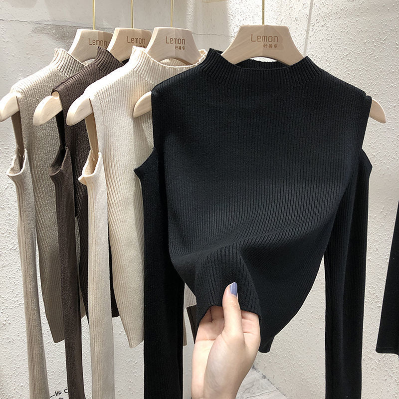 2022 New Fashion Women Winter Sweater Korean Solid Color off-the-shoulder long-sleeve top ba<i></i>se shirt Sweater