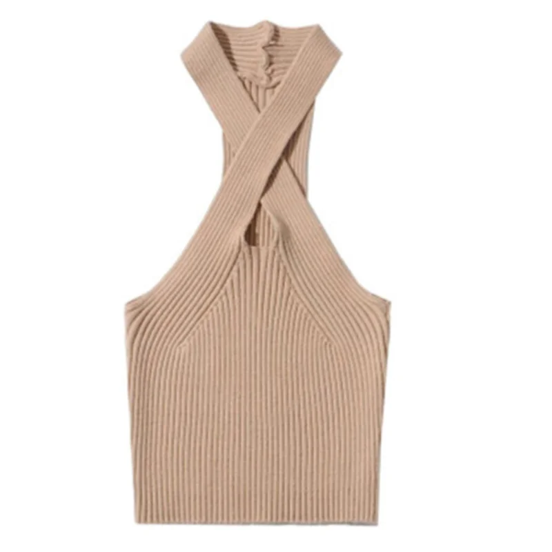 New women's cross-lace halterneck woven off-shoulder short sexy vest customized