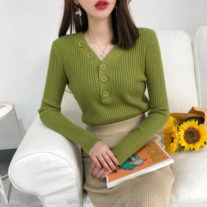 Fashion new V-neck women's long-sleeved slim knitted sweater customization