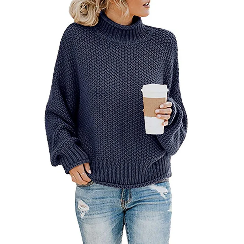 Autumn and winter long-sleeved girls' fashion solid color knitted casual popular high-neck bat 